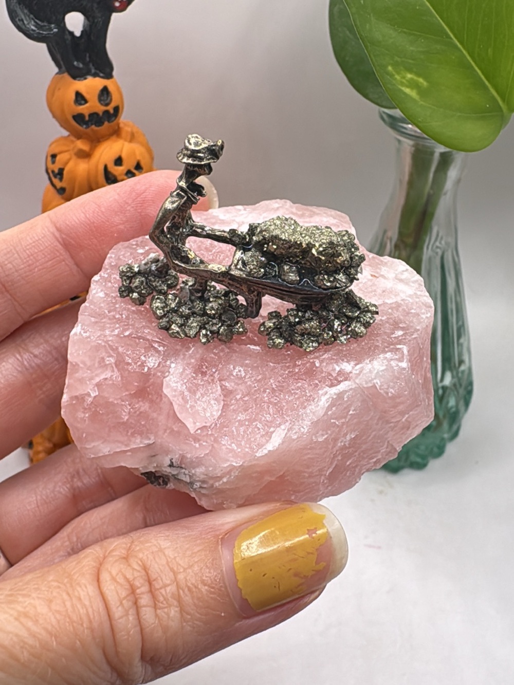 Natural Pink Rose Quartz Display with Metallic Pyrite Accent - Pink